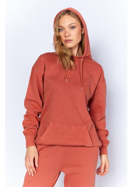 Eskitme/soluk Efektli Regular/normal Kalıp Kapşonlu Kanguru Cepli Örme Sweatshirt | Kiremit