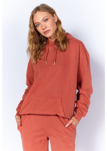 Eskitme/soluk Efektli Regular/normal Kalıp Kapşonlu Kanguru Cepli Örme Sweatshirt | Kiremit