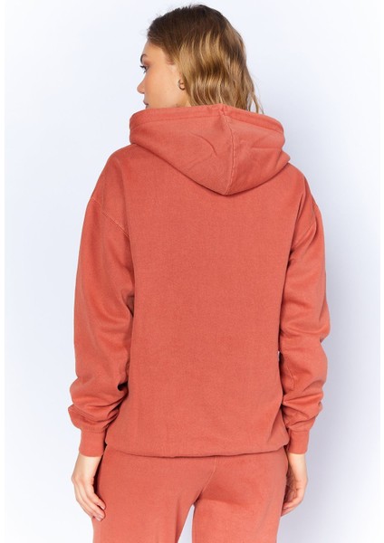 Eskitme/soluk Efektli Regular/normal Kalıp Kapşonlu Kanguru Cepli Örme Sweatshirt | Kiremit
