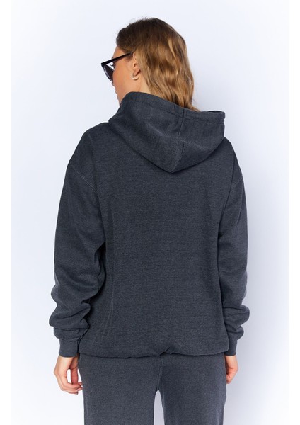 Eskitme Soluk Efektli Regular Normal Kalıp Kapşonlu Kanguru Cepli Örme Sweatshirt Antrasit