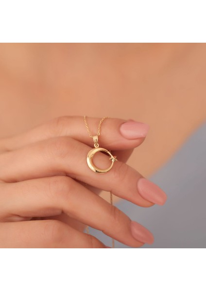 925 Ayar Altın Kaplama Ay Yıldız Gümüş Kolye - CN00409