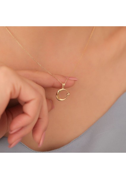 925 Ayar Altın Kaplama Ay Yıldız Gümüş Kolye - CN00409 fiyatları