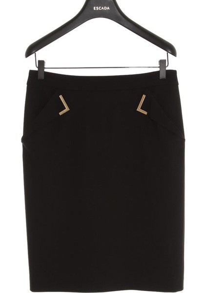 Aksesuar Detaylı Cepli Orta Boy Siyah Yün Etek