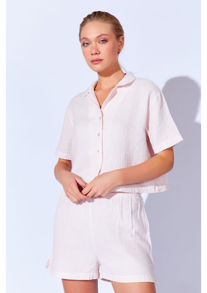 Rozy Pamuk Müslin Çizgili Gömlek ve Şort Home Pijama Takımı | MKW169989-01