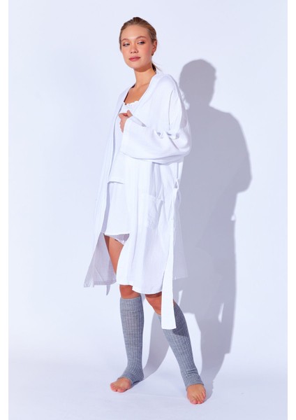 %100 Organik Pamuk Müslin Yıkamalı Sabahlık Kimono Beyaz | MKW359976-01 fiyatları