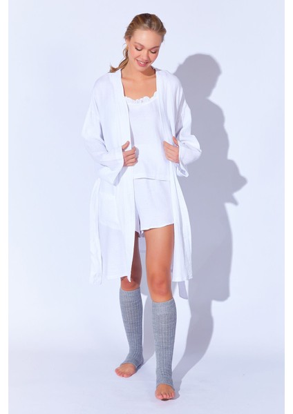 %100 Organik Pamuk Müslin Yıkamalı Sabahlık Kimono Beyaz | MKW359976-01 modelleri
