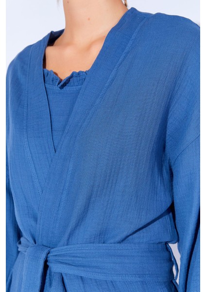 %100 Organik Pamuk Müslin Yıkamalı Sabahlık Kimono | Indigo MKW359976 fırsatları