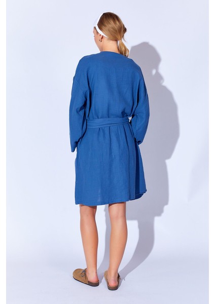 %100 Organik Pamuk Müslin Yıkamalı Sabahlık Kimono | Indigo MKW359976 indirimleri