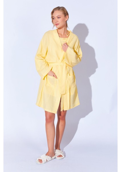 %100 Organik Pamuk Müslin Yıkamalı Sabahlık Kimono Sarı | MKW359976-01