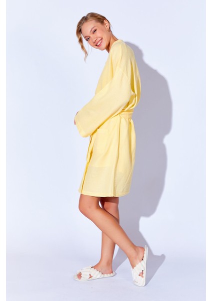 %100 Organik Pamuk Müslin Yıkamalı Sabahlık Kimono Sarı | MKW359976-01