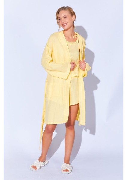 %100 Organik Pamuk Müslin Yıkamalı Sabahlık Kimono Sarı | MKW359976-01