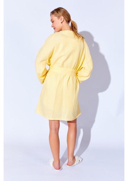 %100 Organik Pamuk Müslin Yıkamalı Sabahlık Kimono Sarı | MKW359976-01