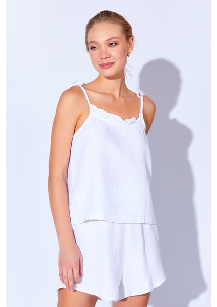 Beyaz Pamuk Müslin Yıkamalı Şort Atlet Rahat Kesim Kadın Pijama Takımı | MKW179977-01