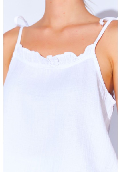 Beyaz Pamuk Müslin Yıkamalı Şort Atlet Rahat Kesim Kadın Pijama Takımı | MKW179977-01 fırsatları