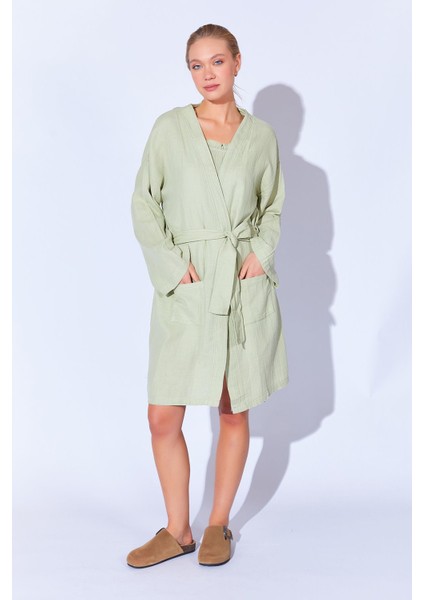 %100 Organik Pamuk Müslin Yıkamalı Sabahlık Kimono Çağla | MKW359976-01