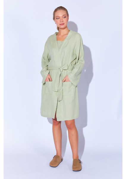 %100 Organik Pamuk Müslin Yıkamalı Sabahlık Kimono Çağla | MKW359976-01 modelleri