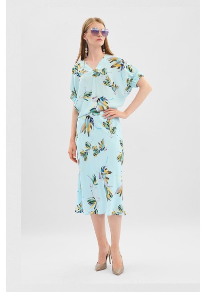 Sport Turkuaz Desenli Midi Boy Viskon Etek