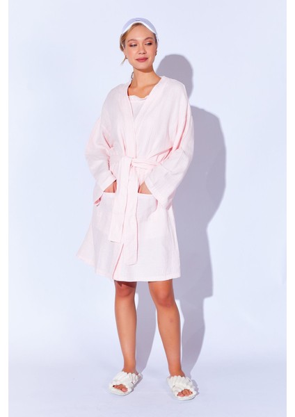 %100 Organik Pamuk Müslin Yıkamalı Sabahlık Kimono Pudra | MKW359976-01