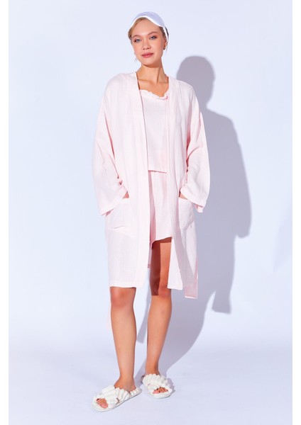 %100 Organik Pamuk Müslin Yıkamalı Sabahlık Kimono Pudra | MKW359976-01 fiyatları