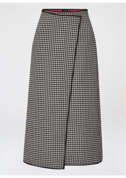 Kruvaze Detaylı Siyah Beyaz Desenli Midi Boy Yün ve Pamuk Etek fırsatları