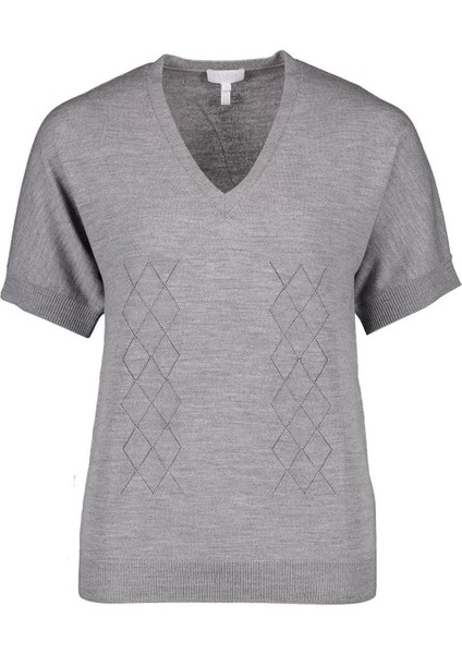 Sport V Yaka Yarım Kol Baklava Desenli Yün Triko Kazak