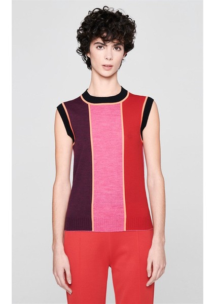 Sport Renk Bloklu Bisiklet Yaka Kolsuz Yün Triko Kazak