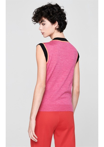 Sport Renk Bloklu Bisiklet Yaka Kolsuz Yün Triko Kazak fırsatları