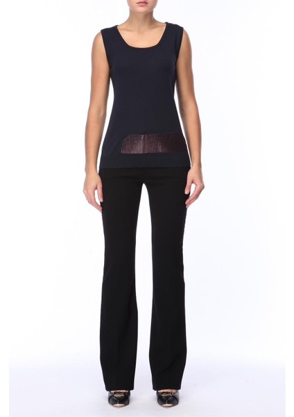 Metalik Baskı Detaylı Kolsuz Lacivert Yün Triko Kazak