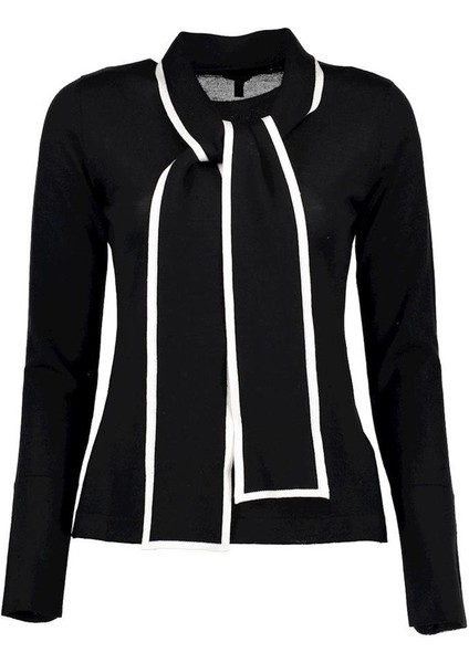 Şerit Desenli Şal Yaka Siyah Yün Triko Kazak