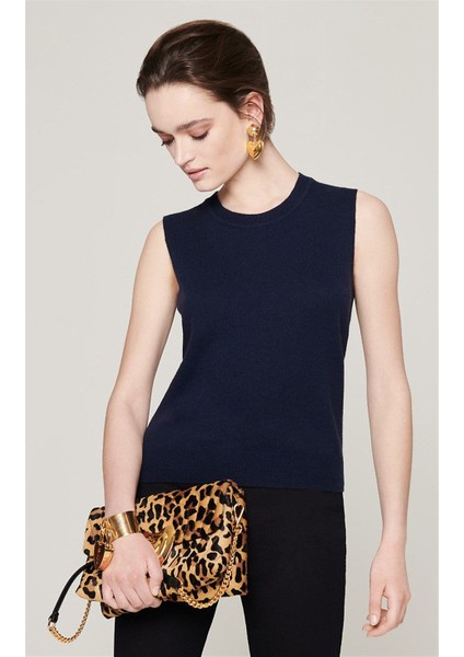 Bisiklet Yaka Kolsuz Lacivert Yün ve Kaşmir Triko Kazak