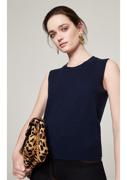 Bisiklet Yaka Kolsuz Lacivert Yün ve Kaşmir Triko Kazak modelleri