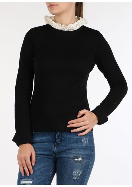 Çıkarılabilir Dik Yaka Katlı Kol Siyah Yün ve Ipek Triko Kazak