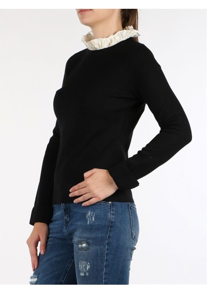 Çıkarılabilir Dik Yaka Katlı Kol Siyah Yün ve Ipek Triko Kazak fiyatları