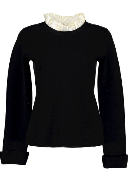 Çıkarılabilir Dik Yaka Katlı Kol Siyah Yün ve Ipek Triko Kazak fırsatları