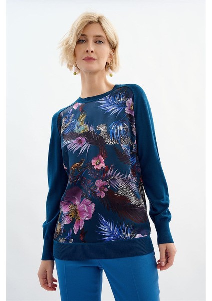 Çiçek Desenli Petrol Yeşili Ipek ve Yün Kazak