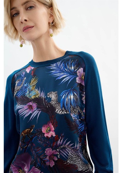 Çiçek Desenli Petrol Yeşili Ipek ve Yün Kazak modelleri