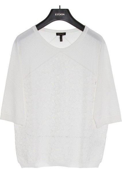 Çiçek Işlemeli Yarım Kol Ekru Pamuklu Kazak