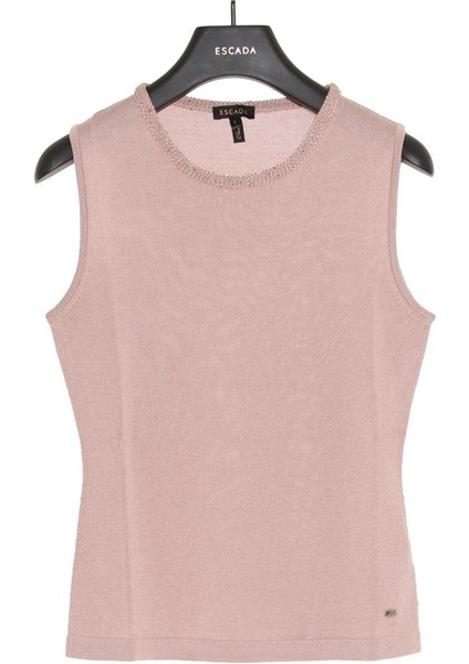 Yaka Pul Işlemeli Kolsuz Pudra Pamuk ve Ipek Triko Kazak