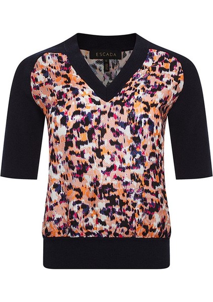 V Yaka Kısa Kol Renkli Ipek ve Yün Kazak fırsatları