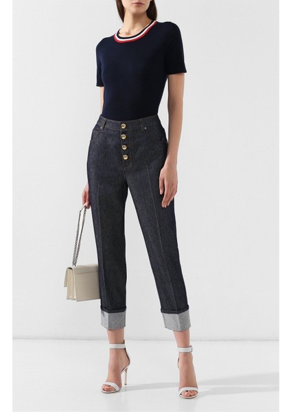 Şerit Yaka Kısa Kol Lacivert Yün ve Ipek Triko Kazak