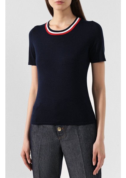 Şerit Yaka Kısa Kol Lacivert Yün ve Ipek Triko Kazak fiyatları