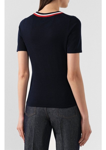 Şerit Yaka Kısa Kol Lacivert Yün ve Ipek Triko Kazak modelleri