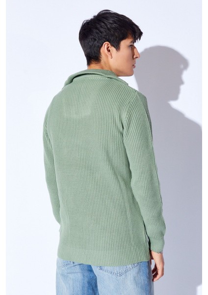 Oversize Yarım Fermuarlı Örgü Desen Yumuşak Dokulu Erkek Kazak | Açık Haki MANW519913-1