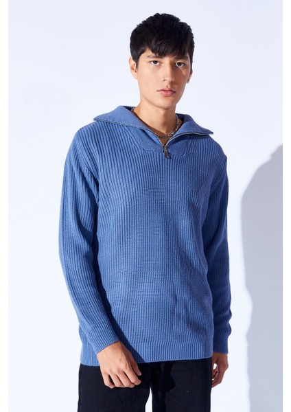 Oversize Yarım Fermuarlı Örgü Desen Yumuşak Dokulu Erkek Kazak | Indigo MANW519913-1