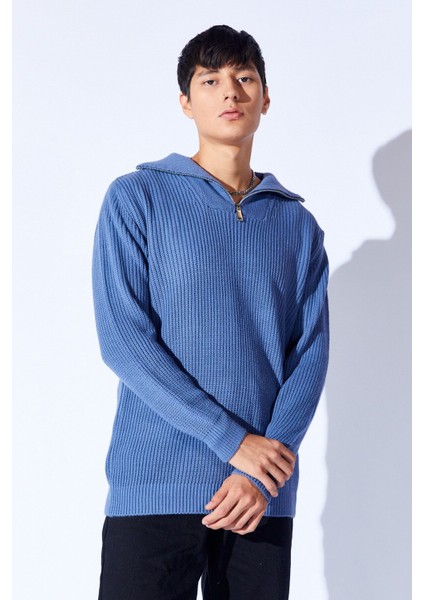 Oversize Yarım Fermuarlı Örgü Desen Yumuşak Dokulu Erkek Kazak | Indigo MANW519913-1