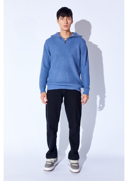 Oversize Yarım Fermuarlı Örgü Desen Yumuşak Dokulu Erkek Kazak | Indigo MANW519913-1