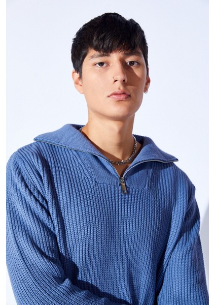 Oversize Yarım Fermuarlı Örgü Desen Yumuşak Dokulu Erkek Kazak | Indigo MANW519913-1