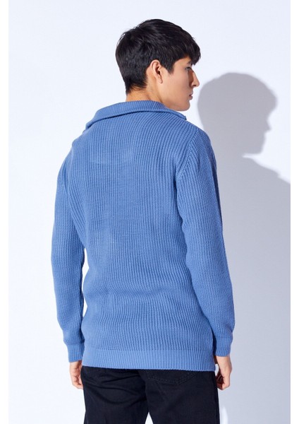 Oversize Yarım Fermuarlı Örgü Desen Yumuşak Dokulu Erkek Kazak | Indigo MANW519913-1