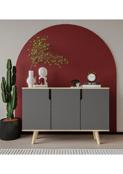 Verona 120 cm Konsol, Kahve Köşesi, Tv Ünitesi, Çok Amaçlı Ahşap Ayaklı Konsol Safir-Antrasit