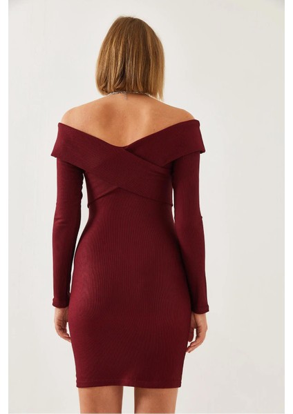 Kadın Bordo Omuzları Çapraz Detaylı Elbise fırsatları